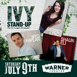 Artwork showing headshots of the comedians, and the Ivy logo