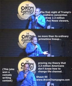 The first night of Trump's midterm convention drew 2.3 million Fox News viewers, no more than its ordinary primetime lineup... proving my theory that 2.3 million Americans don’t know how to change the channel. (This joke won a comedy writing contest)